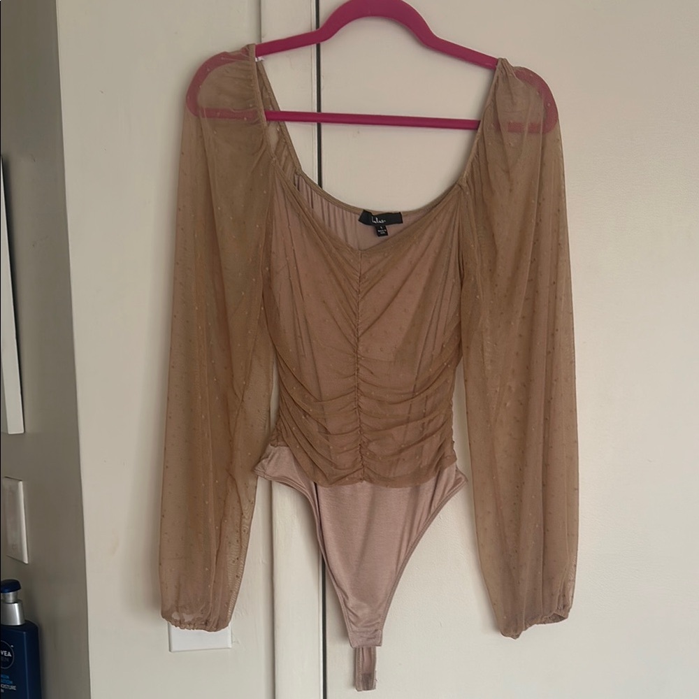 Lulu’s Sheer Sleeve Polkadot Ruched Bodysuit